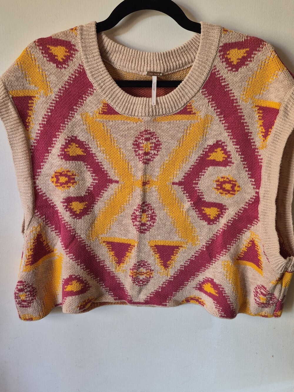 Free People "Cyprus" Oversized Aztec Geometric Pattern Crop Sweater Vest